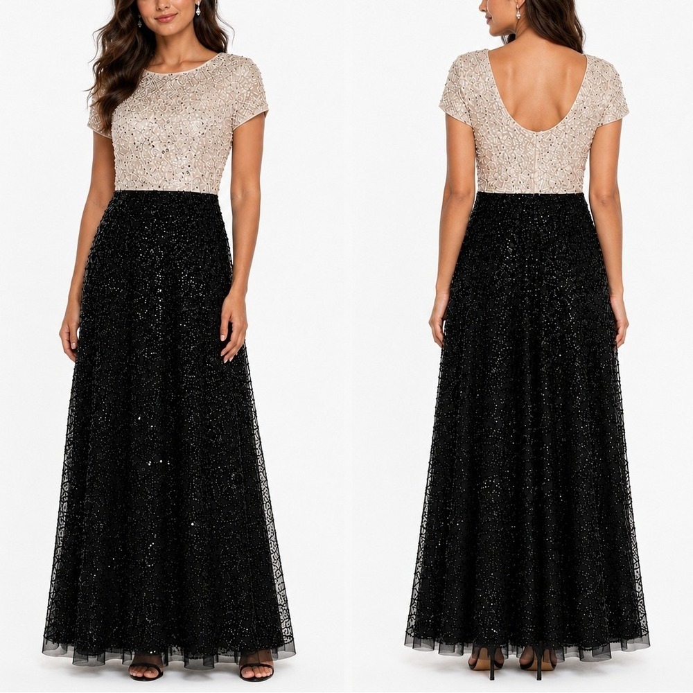 Adrianna Papell Formal Gown 8 Black White Sequin Colorblock Maxi Dress